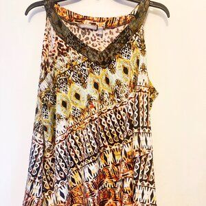 NY Collection Abstract Brown Skirt with Front Lace Collar Size XL